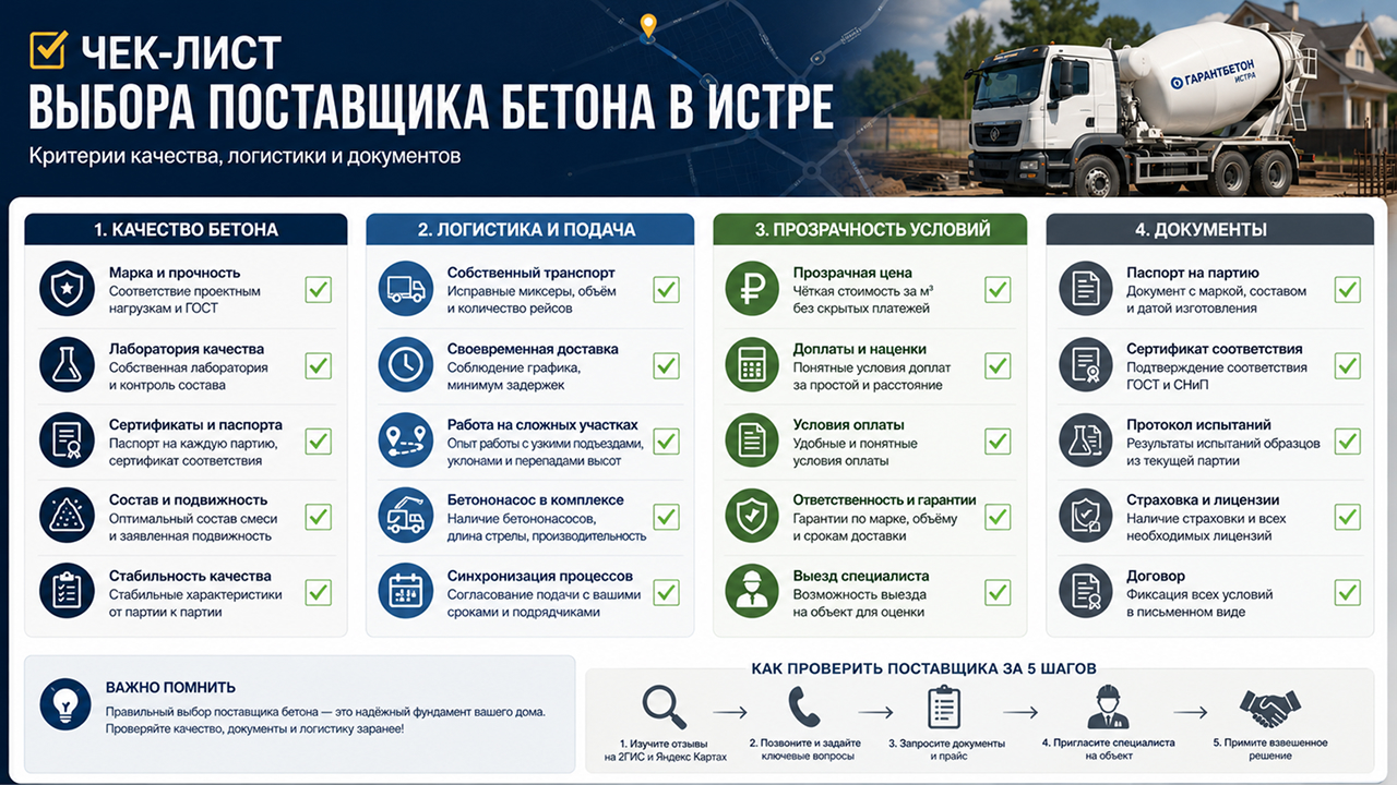 Инфографика «чек-лист выбора поставщика бетона в Истре» с критериями качества, логистики и документов