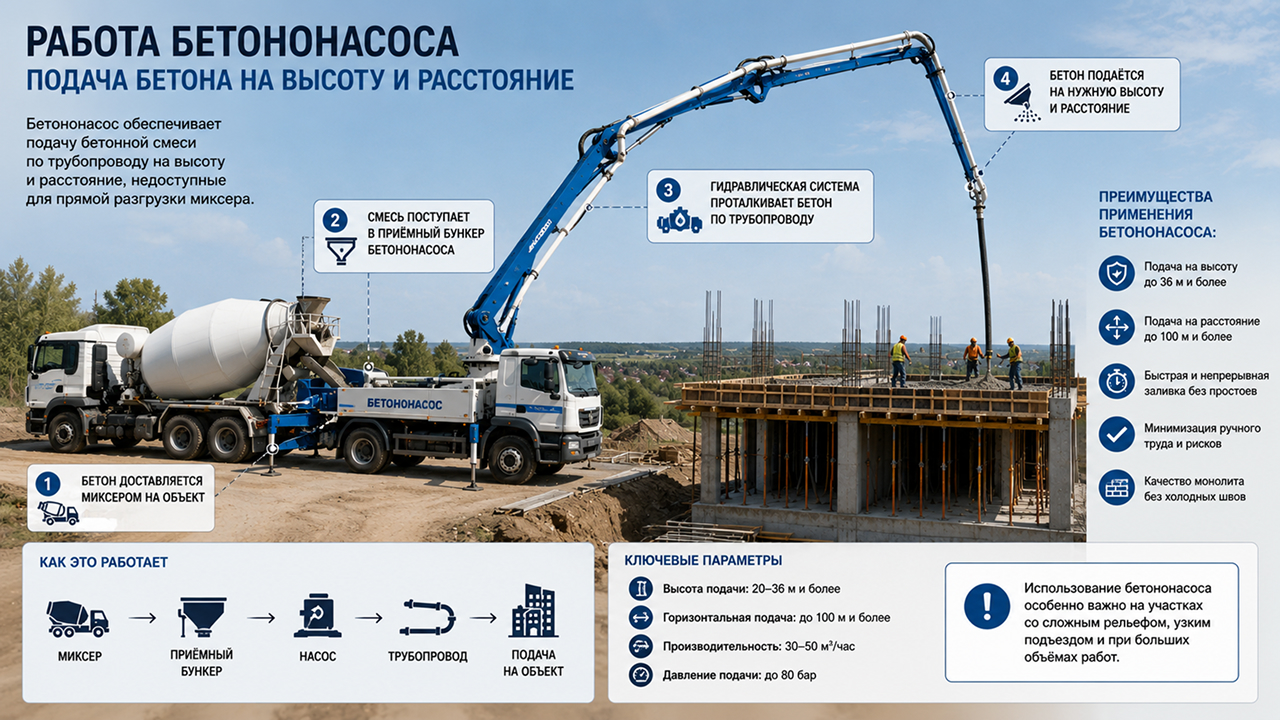 Работа бетононасоса при подаче бетона на высоту и расстояние