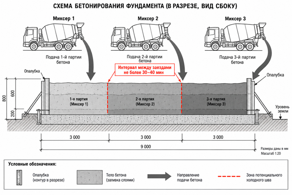 Схема холодных швов при заливке